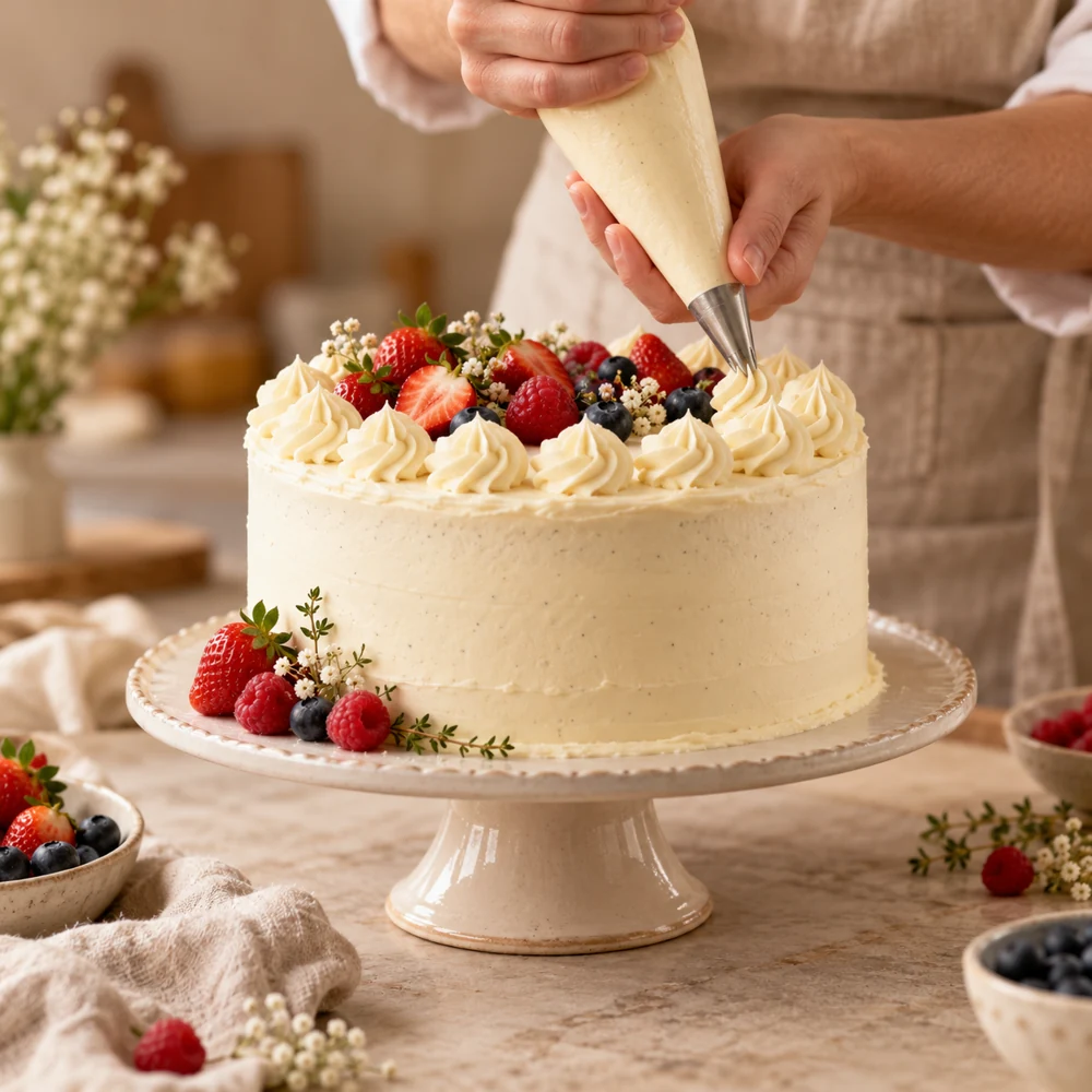 A baker carefully piping cream on a freshly prepared cake