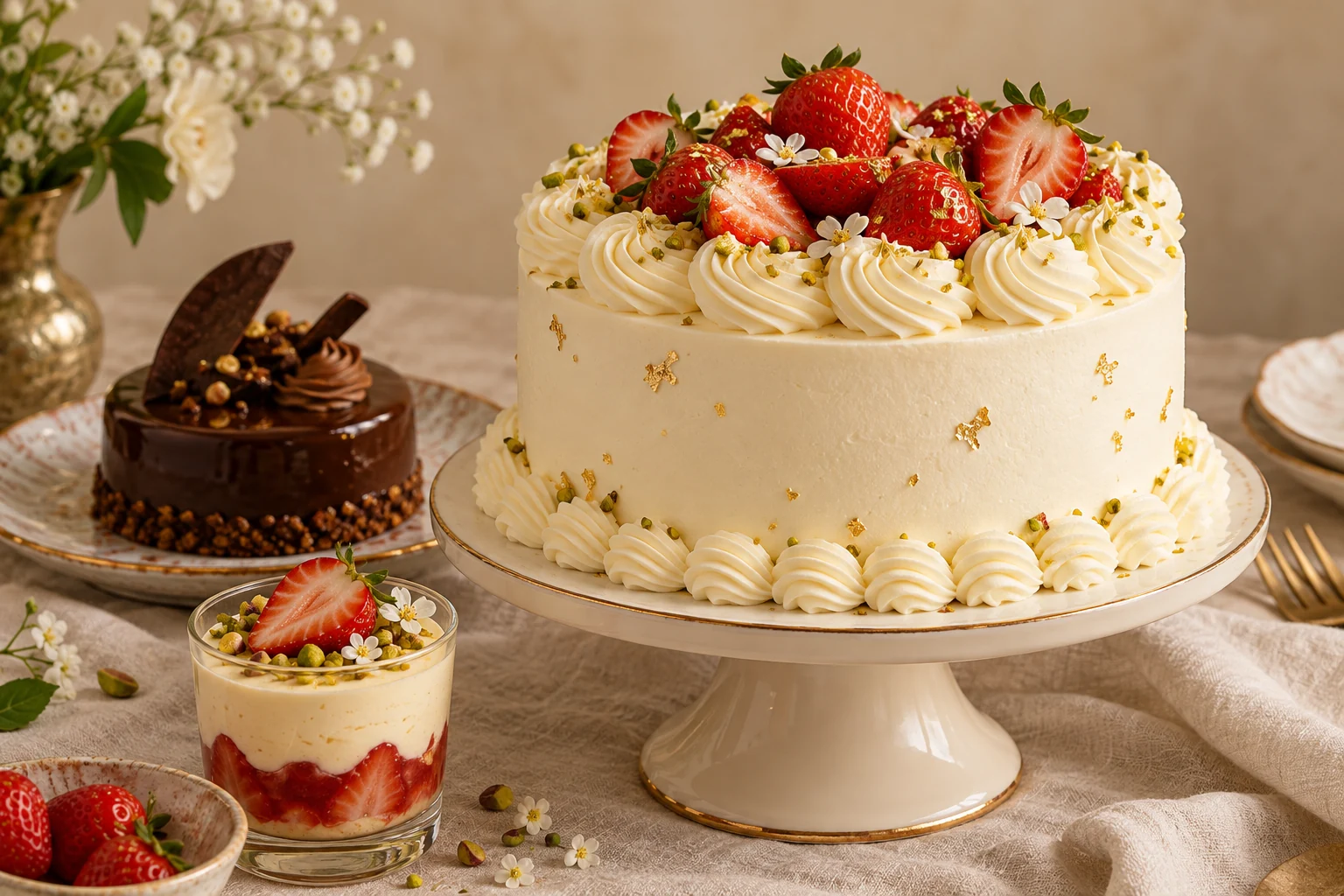 Handcrafted celebration cake with fresh strawberries, a chocolate pastry and a dessert cup